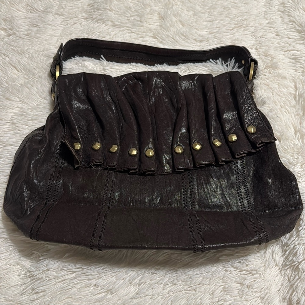 7 For All Mankind Dark Brown Leather Studded Shoulder Satchel Bag
